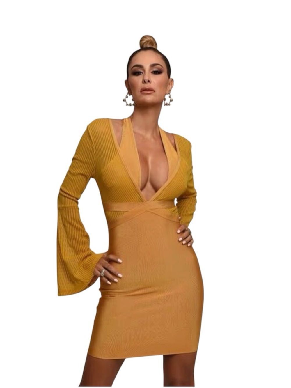 WOW couture Mustard Yellow Plunge V-Neck Midi Dress NWOT